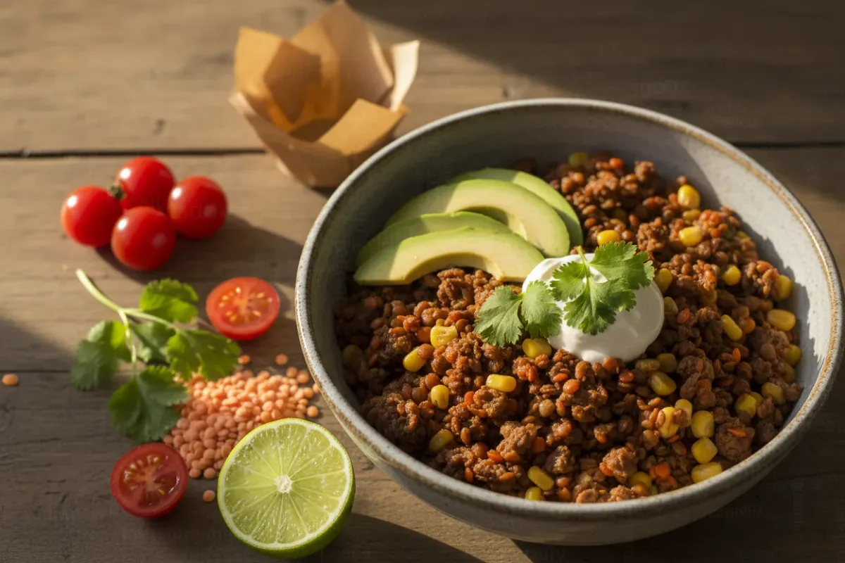 Burrito Bowl with Ground Beef and Lentils — 381 kcal and 41 g of Protein in One Bowl